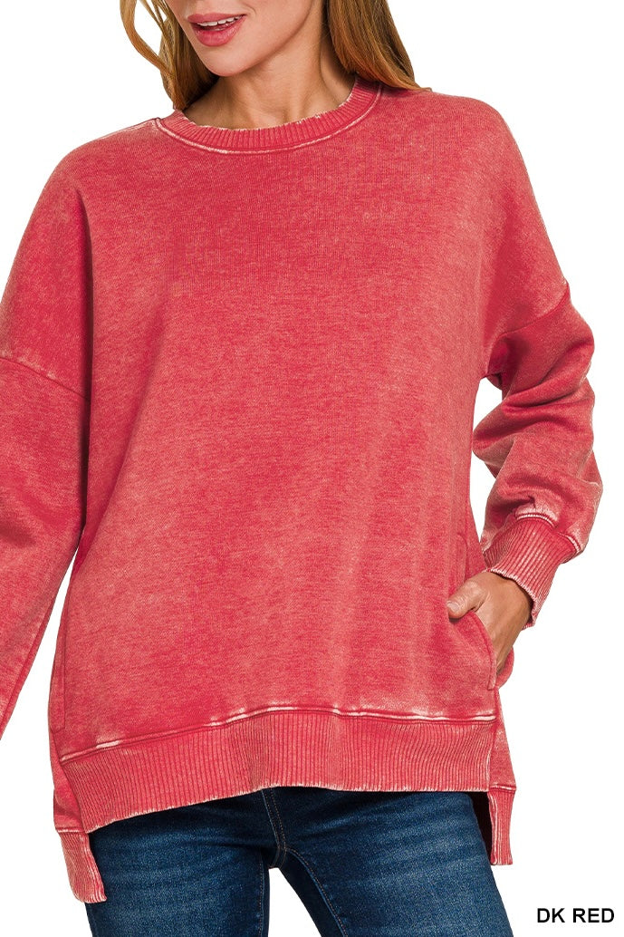 Zenana Acid Wash High/Low Pocket Sweatshirt