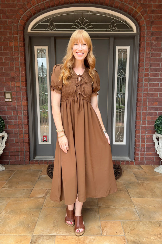 Tie Front Smocked Midi Dress