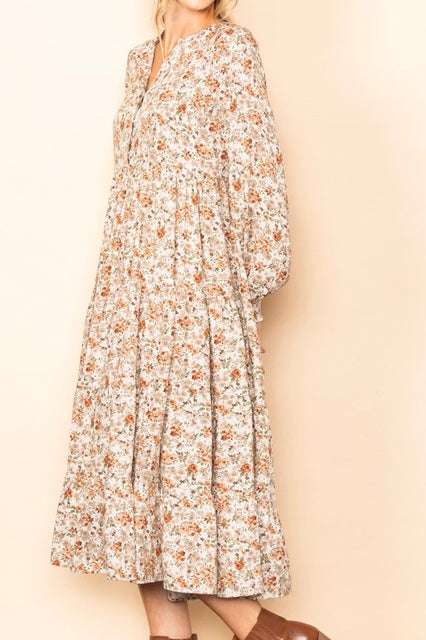 Cream/Peach Button Down Floral Midi Dress