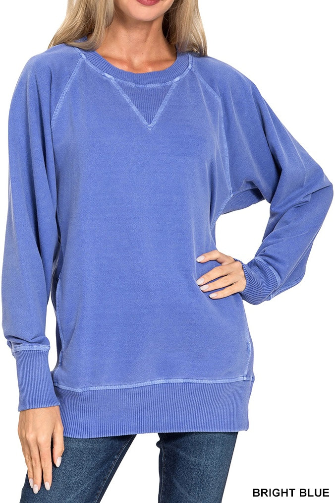 Zenana Pigment Dyed French Terry Ribbed Panel Pocket Pullover