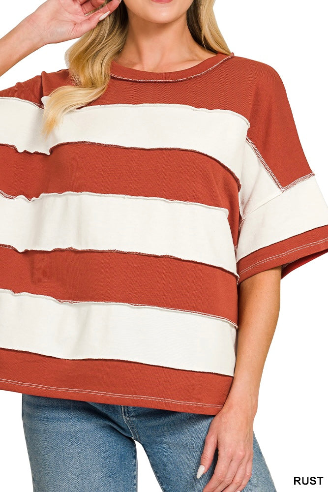 Zenana French Terry Stripe Reverse Seam Top