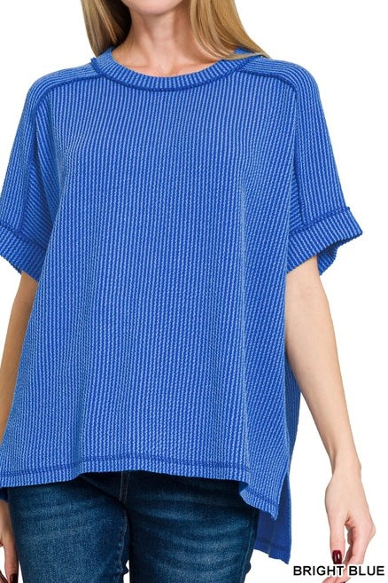 Short Sleeve Raised Ribbed Crew Neck Top