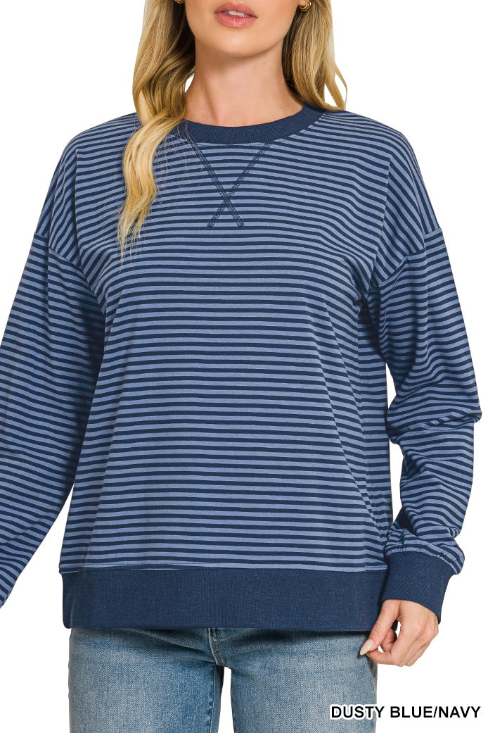 Zenana Long Sleeve V-Stitch Stripe Banded Pullover
