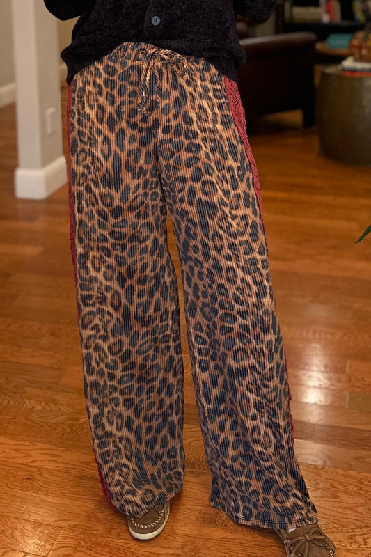 Ribbed Wide Leg Leopard Pants