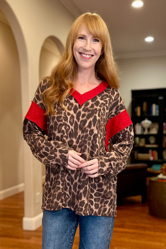 Red Insert Leopard Ribbed V-Neck Top