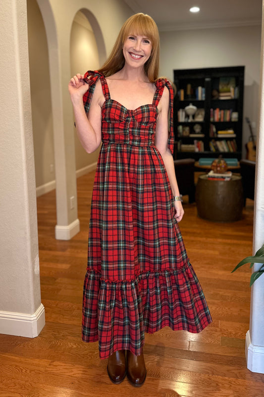 Shoulder Tie Plaid Flannel Midi Dress
