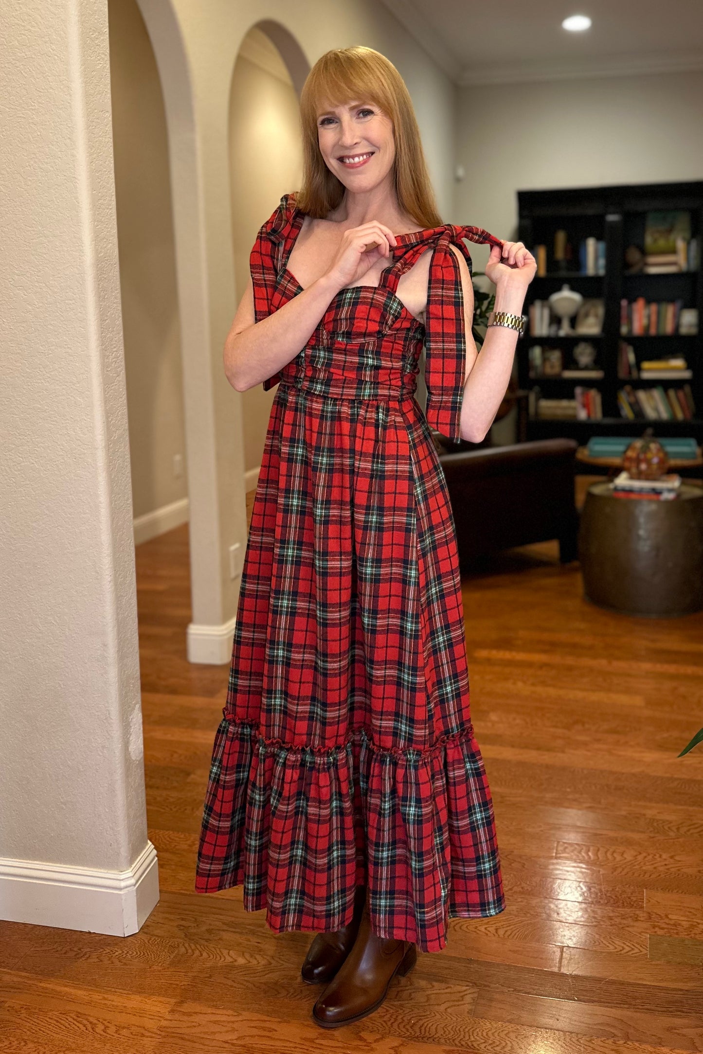 Shoulder Tie Plaid Flannel Midi Dress