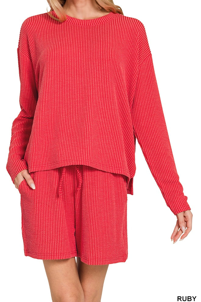 Zenana Ribbed Long Sleeve Shorts Set