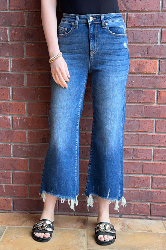 Wide Straight Leg Raw Hem Crop Jeans