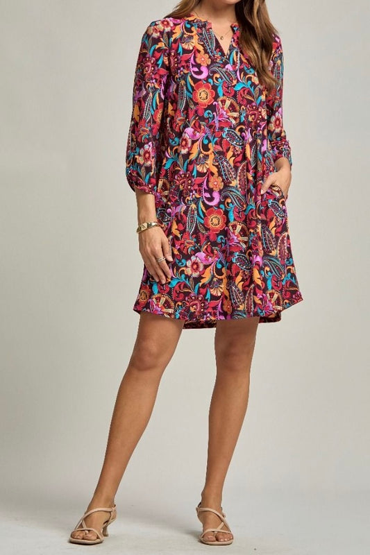 Bright Floral 3/4 Sleeve Dress