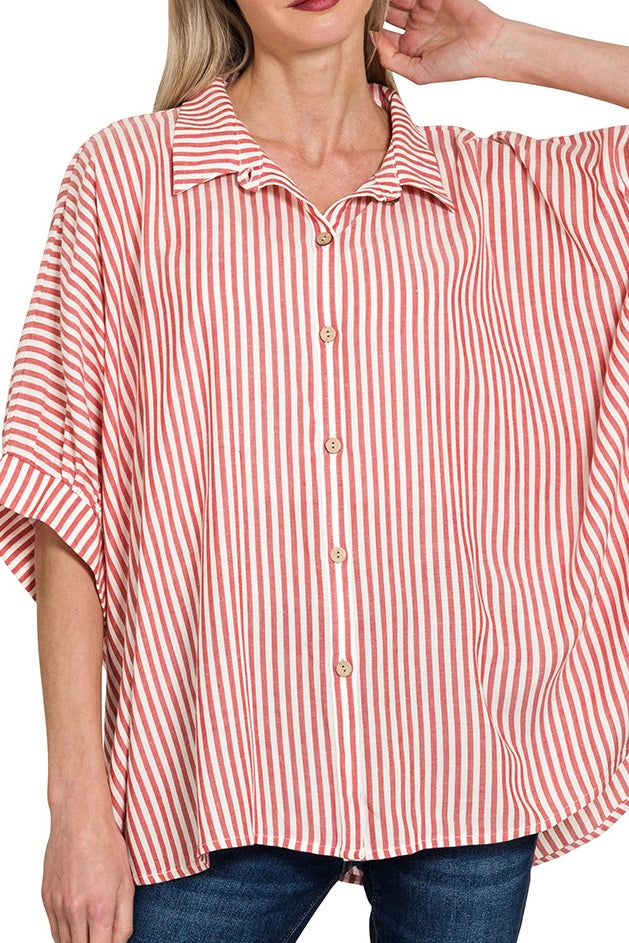 Zenana Oversized Button Down Stripe Top
