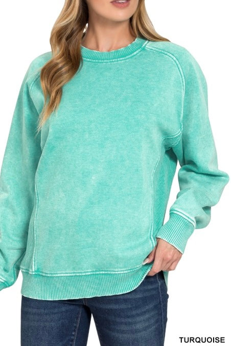 Acid Wash Ribbed Side Inset Fleece Sweatshirt