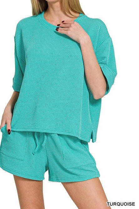 Raised Ribbed Half Sleeve Drawstring Shorts Set