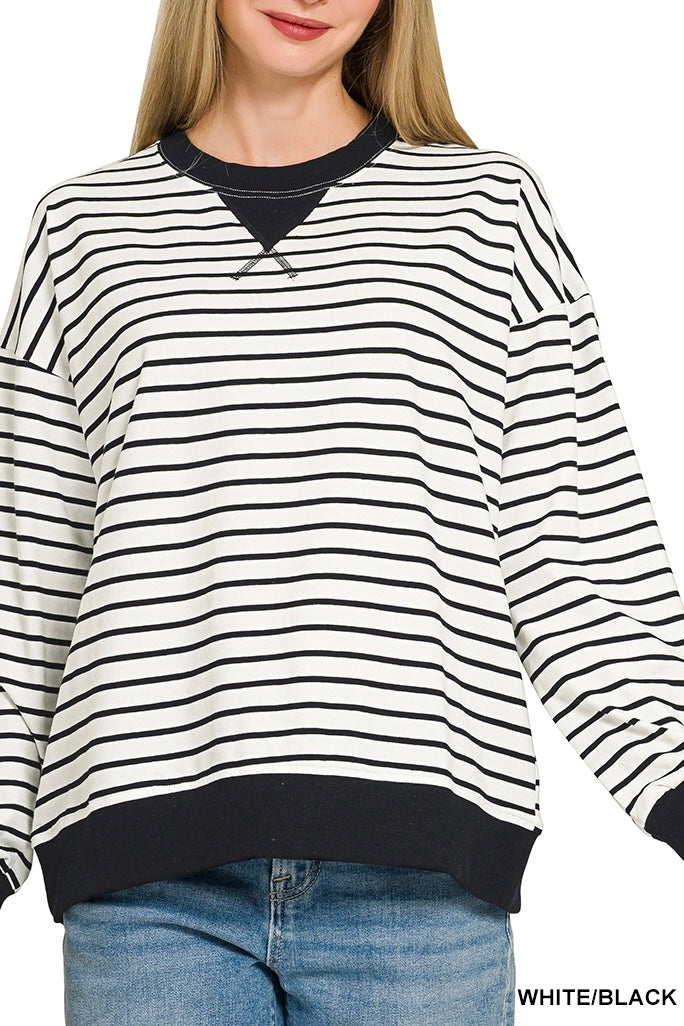 Zenana Long Sleeve Stripe V-Patch Banded Pullover