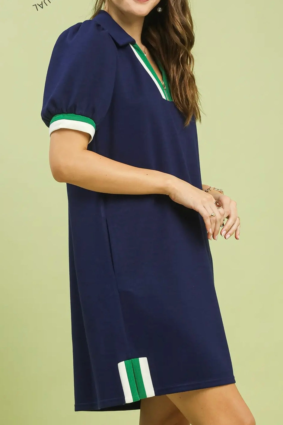 Navy Short Puff Sleeve Contrast Trim Dress