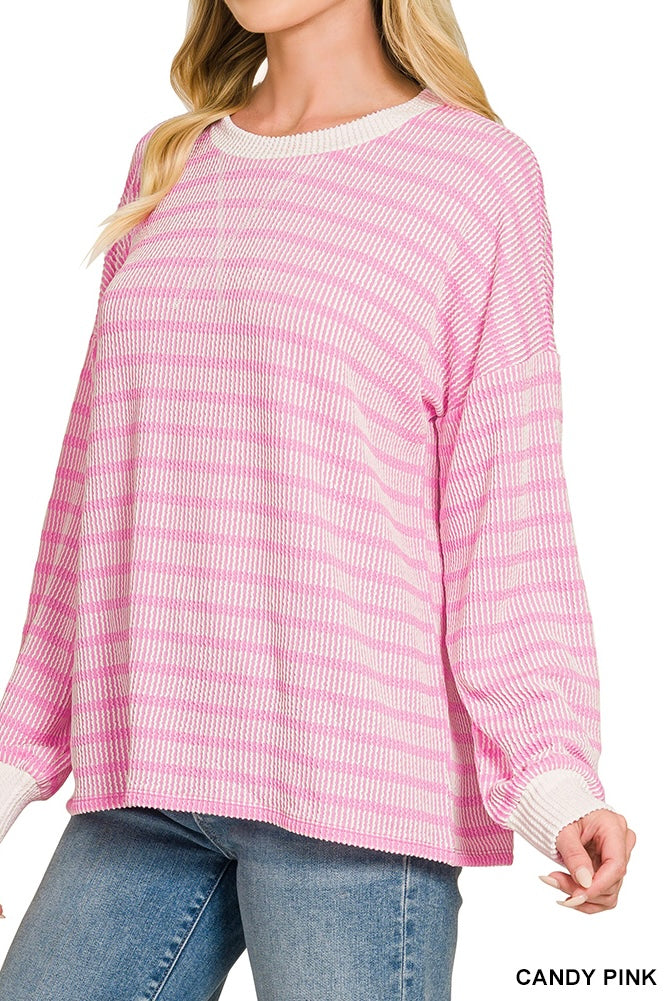Zenana Raised Rib Stripe Pullover
