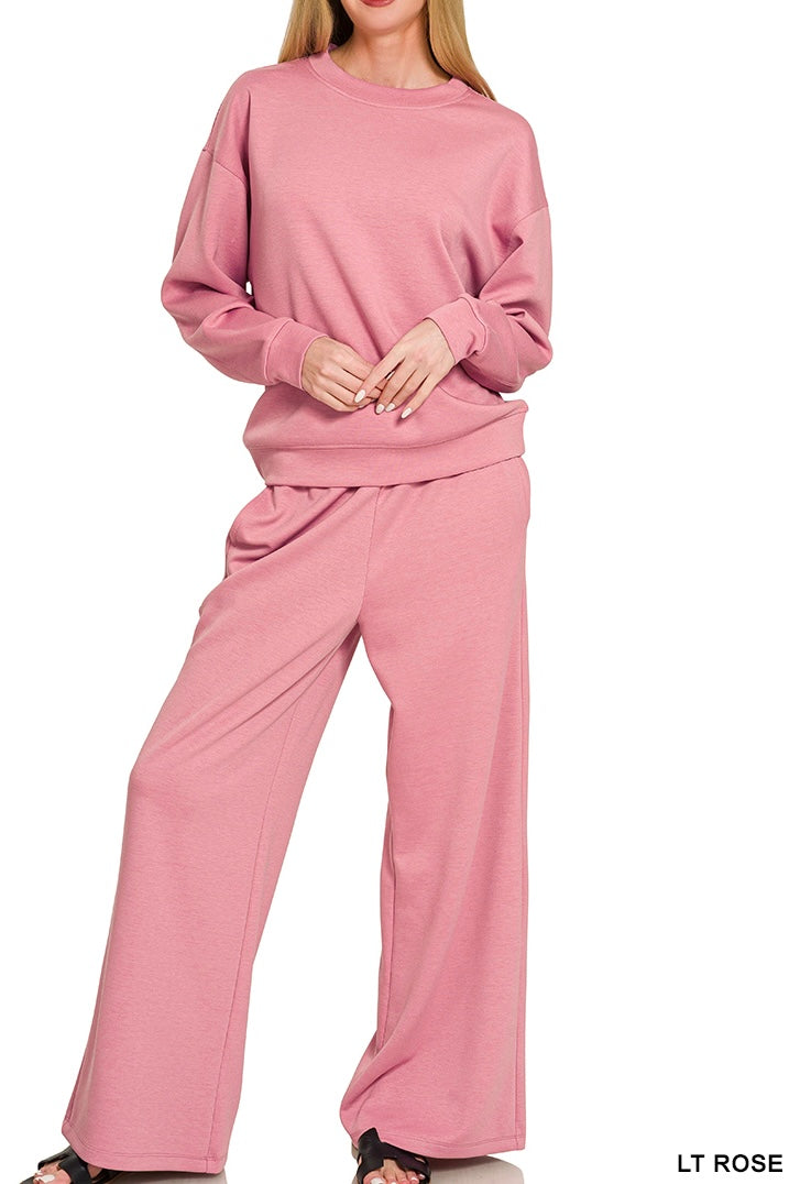 Zenana Scuba Crew Neck Banded Pullover Pants Set
