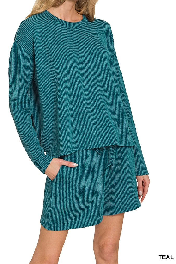 Zenana Ribbed Long Sleeve Shorts Set