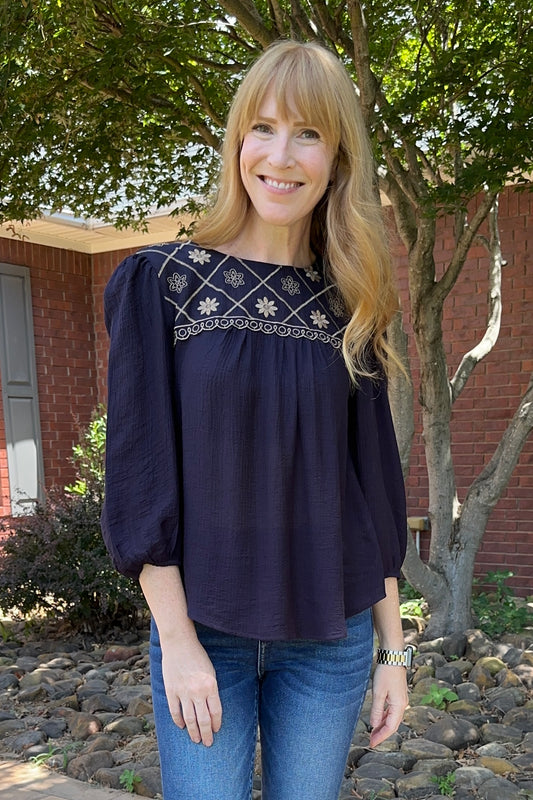 Embroidered Yoke 3/4 Sleeve Top