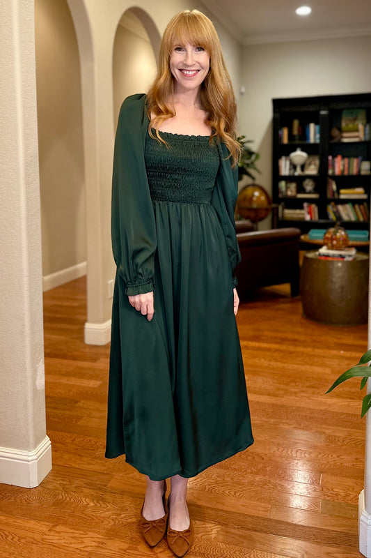 Hunter Matte Satin Smocked Midi Dress