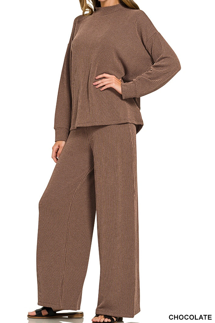Zenana Raised Rib Mock Neck Long Sleeve Pants Set