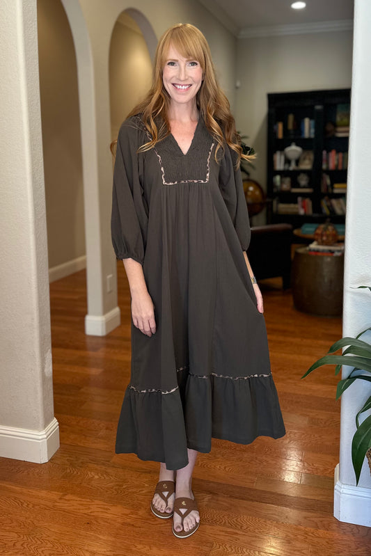 Olive Green Leopard Trim Midi Dress