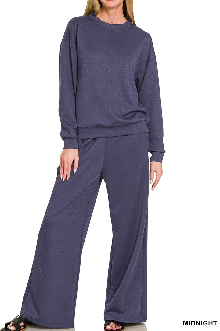 Zenana Scuba Crew Neck Banded Pullover Pants Set
