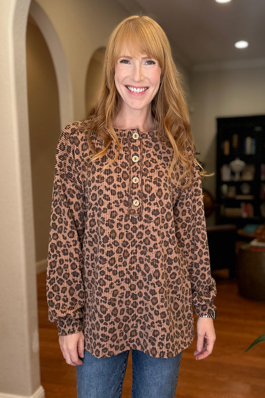 Leopard Ribbed Button Up Henley Top