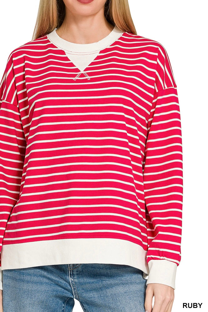 Zenana Long Sleeve Stripe V-Patch Banded Pullover