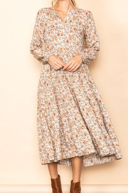 Cream/Peach Button Down Floral Midi Dress