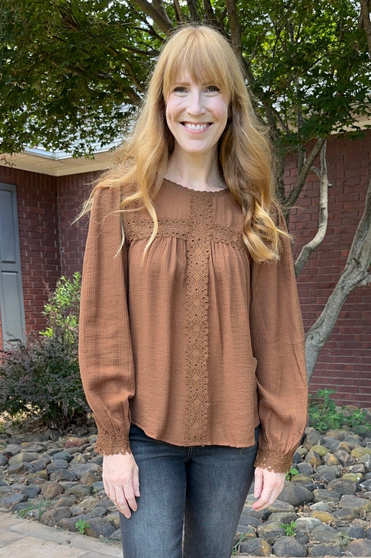 Brown Lace Detail Front Top