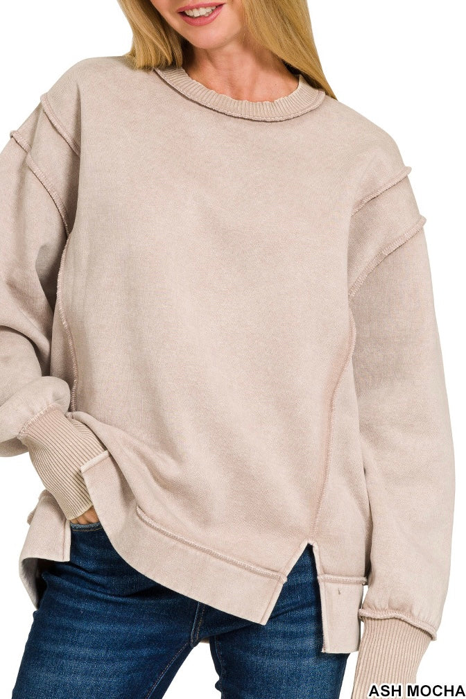 Zenana Acid Wash Exposed Seam Sweatshirt