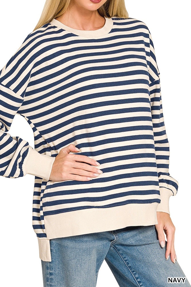 Zenana Stripe Fleece High Low Sweatshirt