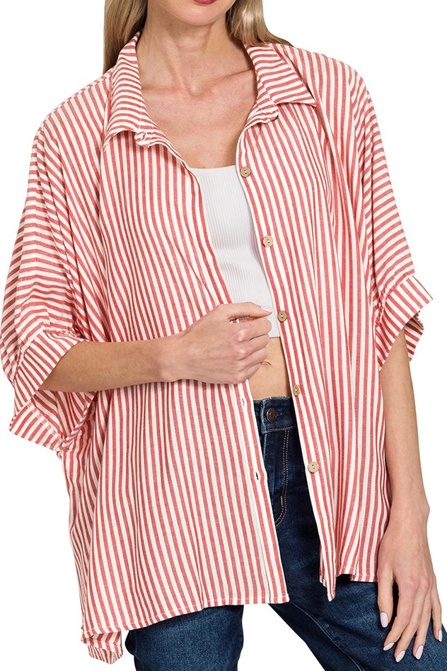 Zenana Oversized Button Down Stripe Top