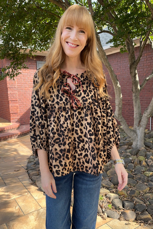 Leopard Printed Puff Sleeve Blouse