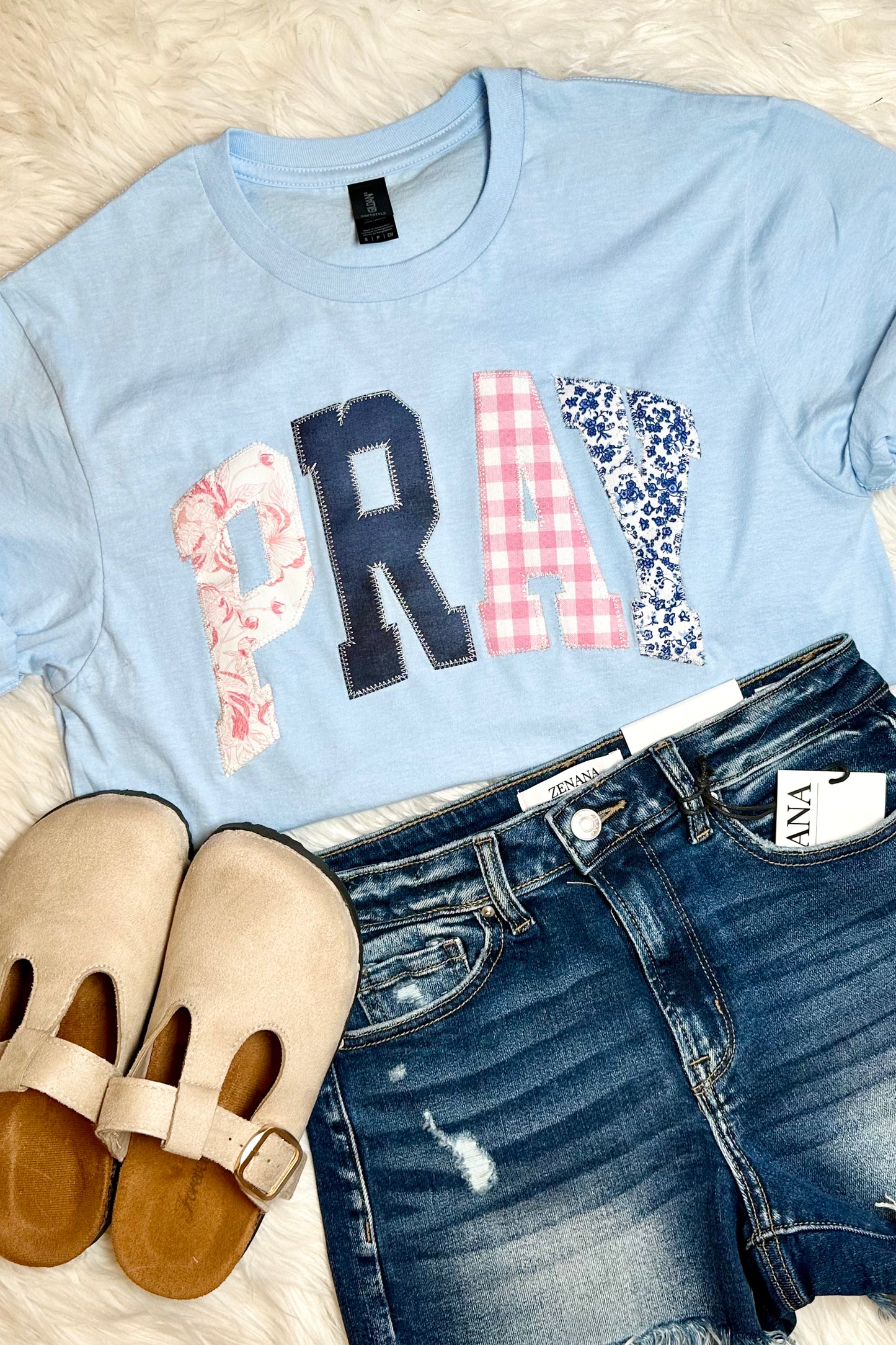 Light Blue Pray Short Sleeve Patchwork Tee