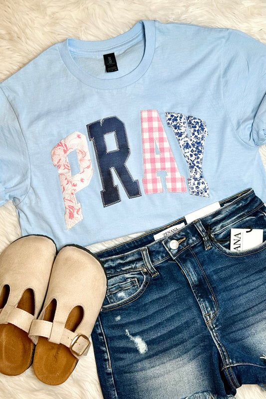 Light Blue Pray Short Sleeve Patchwork Tee