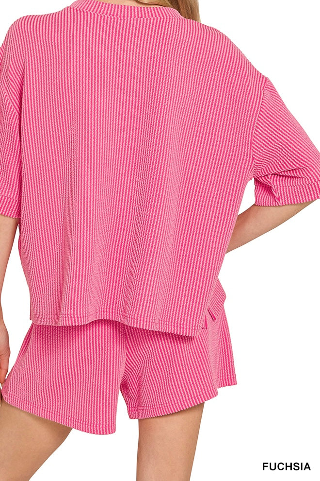 Zenana Raised Ribbed Half Sleeve Drawstring Shorts Set