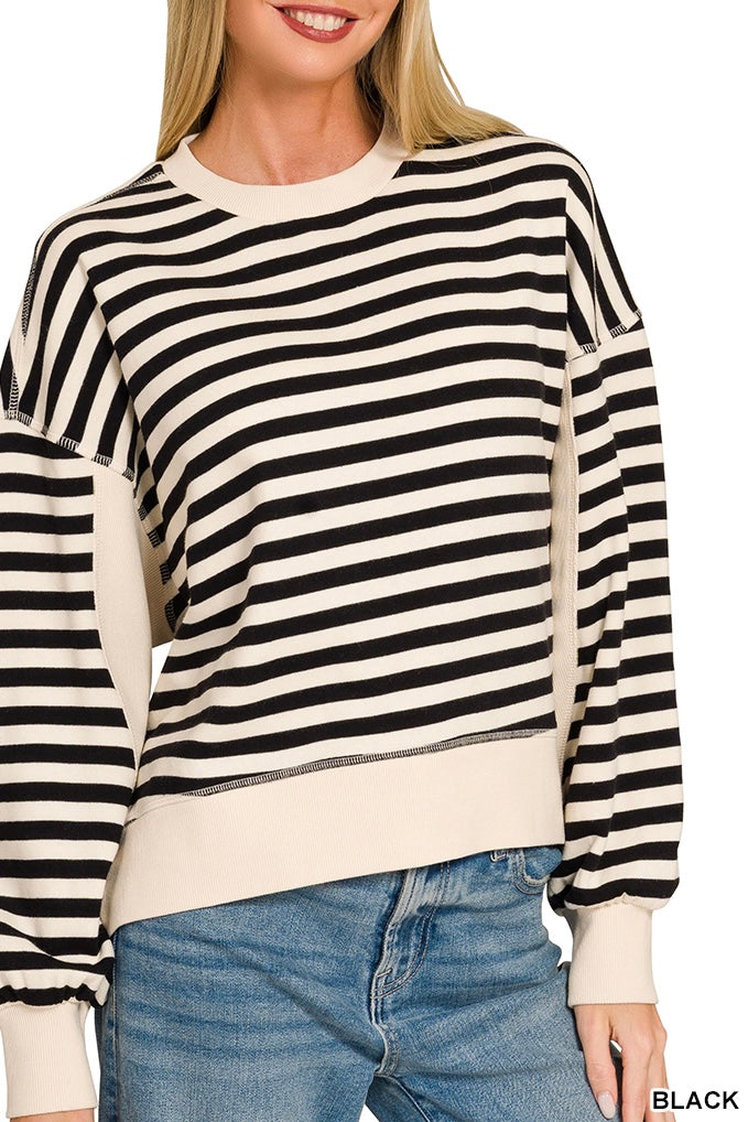 Zenana Stripe Fleece Ribbed Insert Sweatshirts