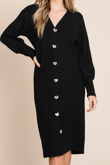 Black Ribbed Button Down Dress Cardigan