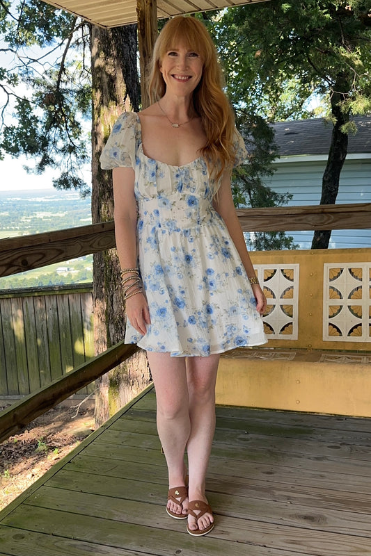 Blue Floral Corset Back Mini Dress
