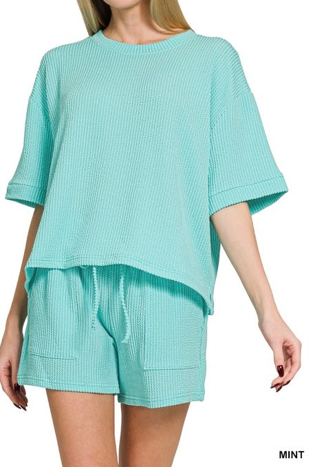 Raised Ribbed Half Sleeve Drawstring Shorts Set