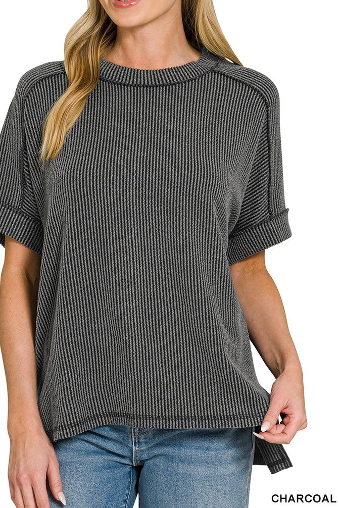 Zenana Short Sleeve Raised Ribbed Crew Neck Top