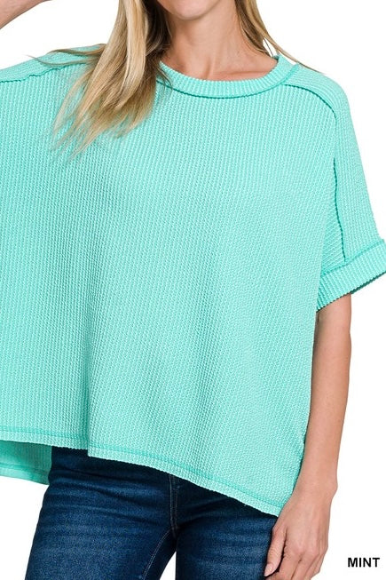 Short Sleeve Raised Ribbed Crew Neck Top