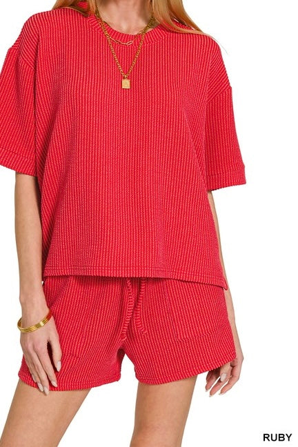 Raised Ribbed Half Sleeve Drawstring Shorts Set