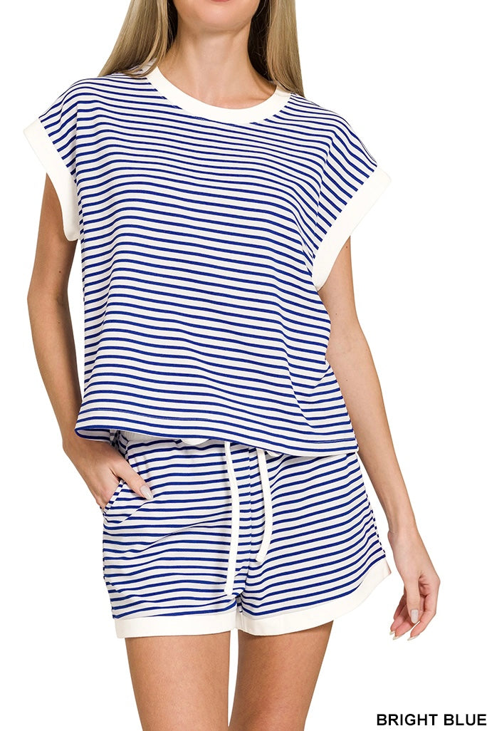 Zenana Stripe Contrast Trim Shorts Set
