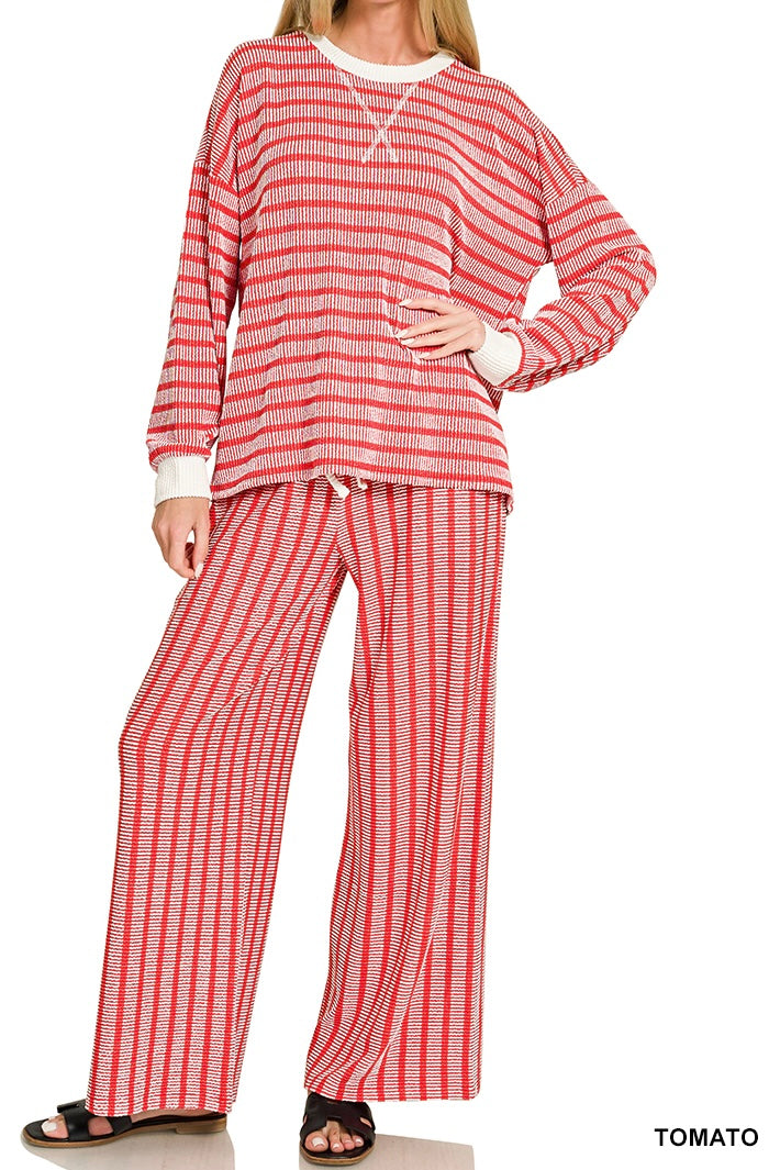 Zenana Stripe Raised Rib Pants Set