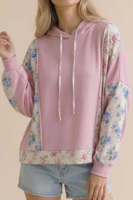 Light Pink Floral Color Block Knit Top With Hoodie