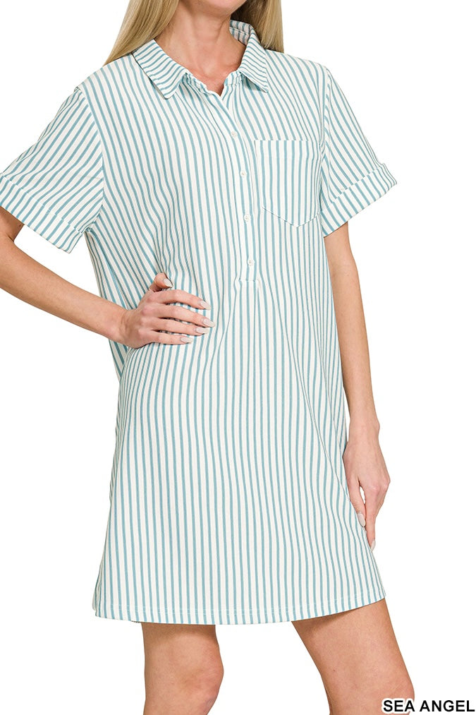 Zenana Stripe Collared Half Button Shirt Dress