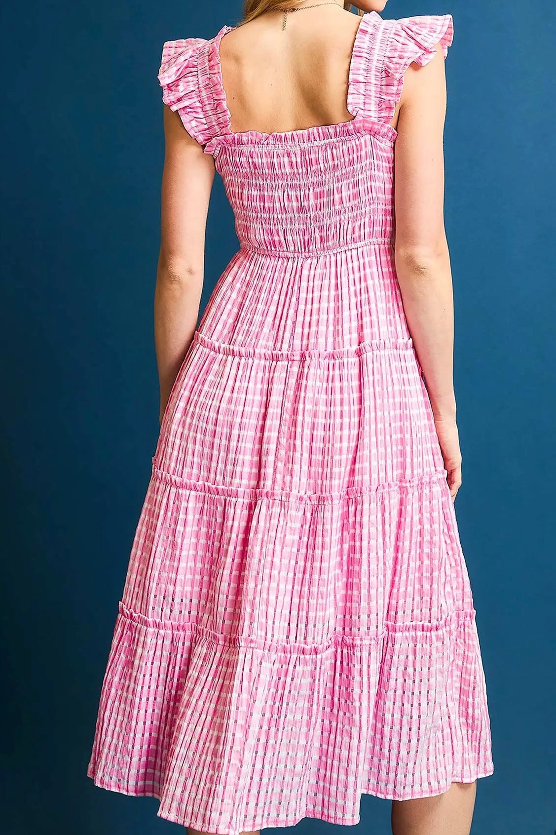 Checkered Smocked Shoulder Ruffle Midi Dress